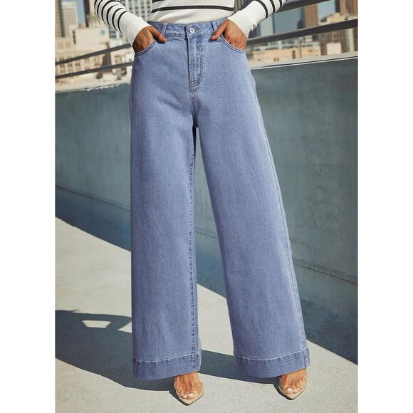 Women Beau Blue High Waisted Wide Leg Denim Jean Stretchy Loose Pant with Pocket - Picture 3 of 6